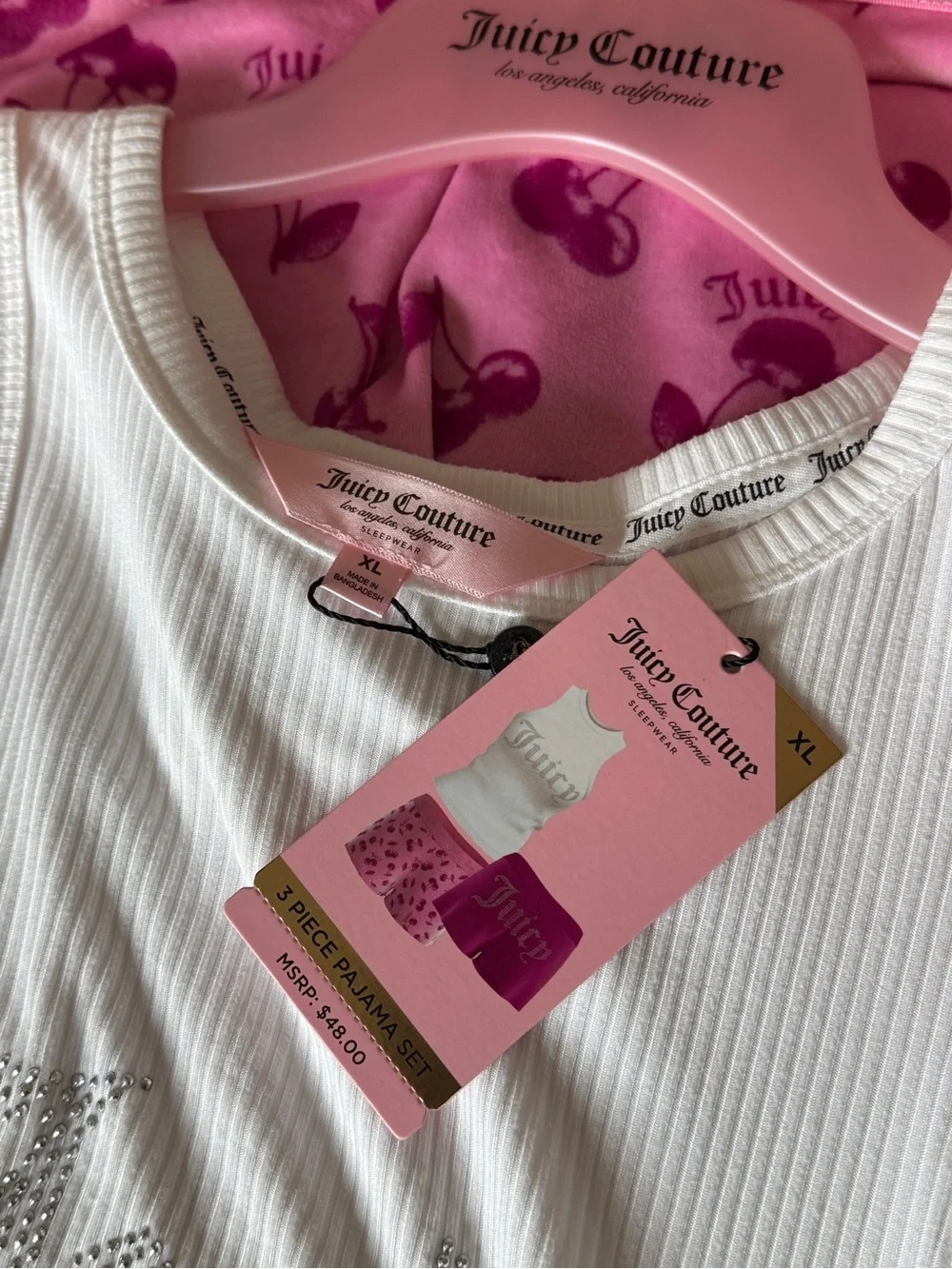 NWT Juicy Couture White Ribbed Tank with 2 Velvet Pink Cherry Boxer Shorts XL